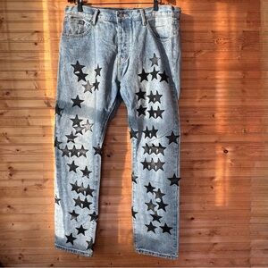 MNML Jeans w Black Star Patches Streetwear Light Blue Denim Men's Size 40